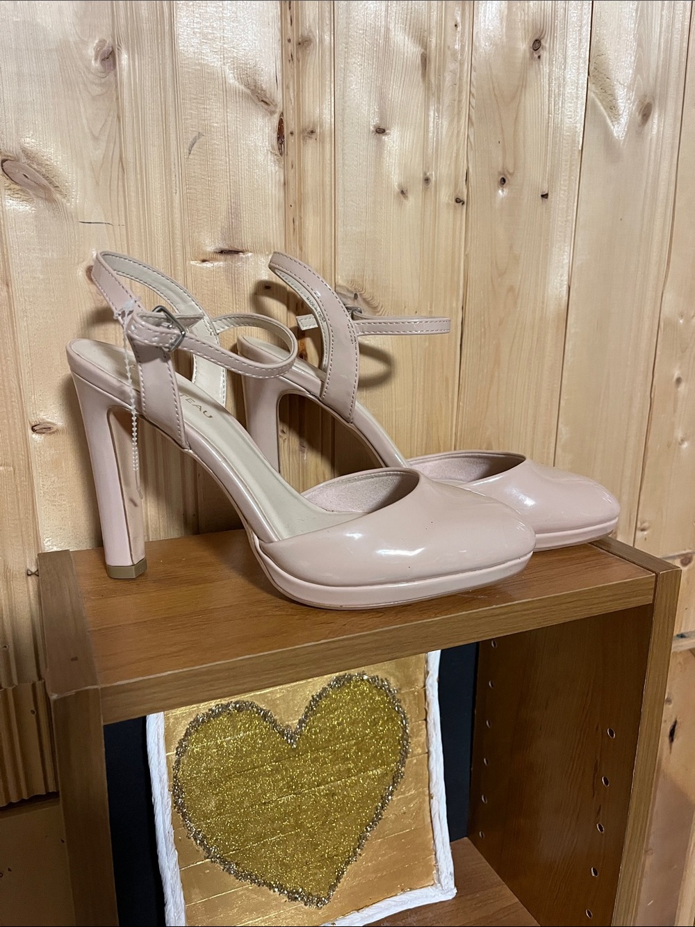 Women's Nude Patent High Heel Pumps with Ankle Strap